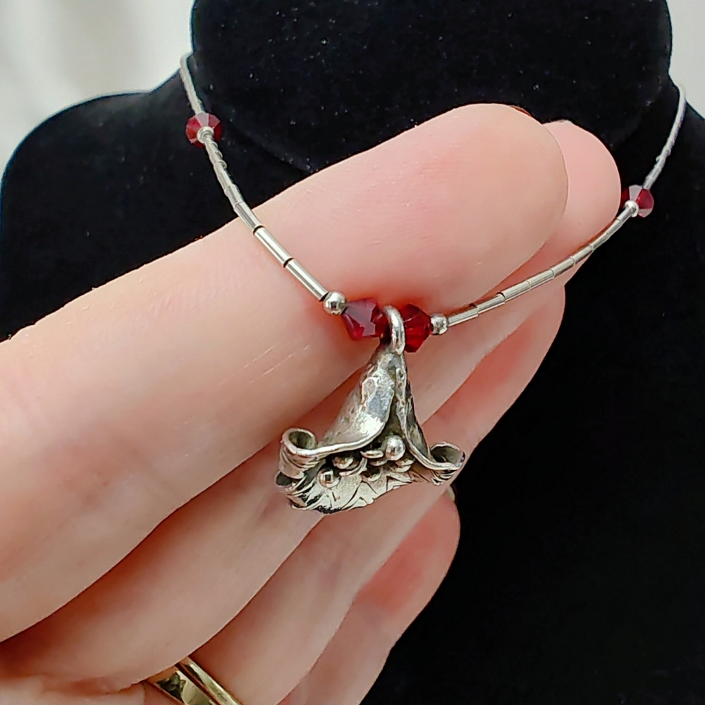 Southwestern Sterling Squash Blossom Liquid Silver Red Crystal Bead Necklace 16" - Picture 6 of 14